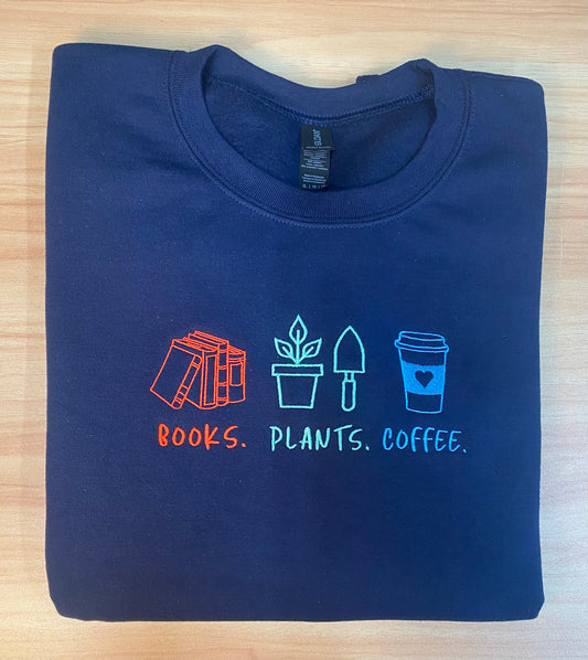 Books Plants Coffee- Embroidered Crew (navy)
