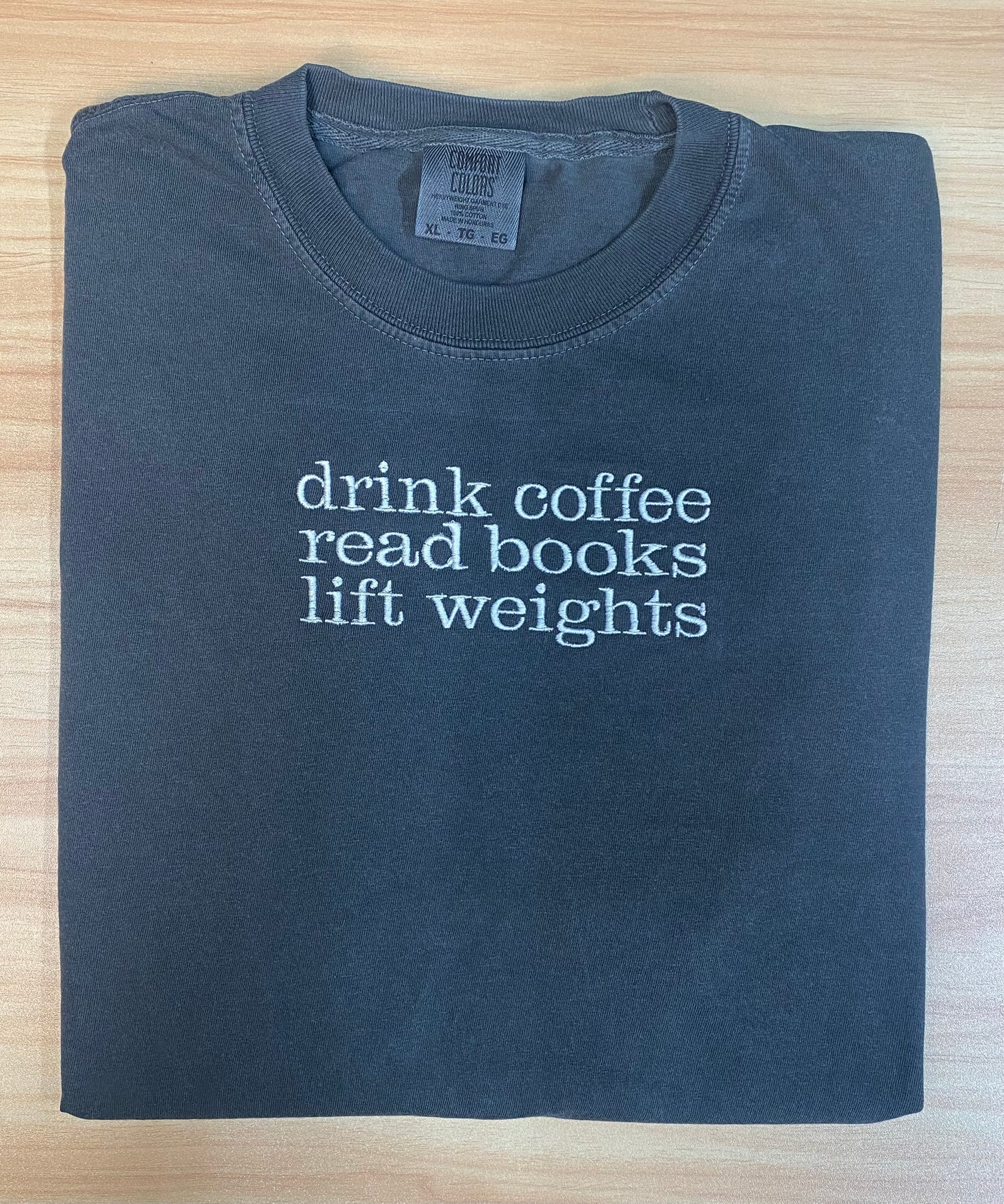 Coffee Books Weights Embroidered Tee (Pepper)