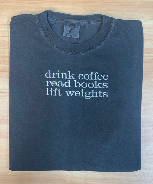 Coffee Books Weights Embroidered Tee (Pepper)