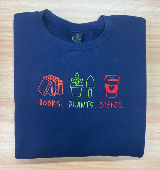 Books Plants Coffee- Embroidered Crew (navy)