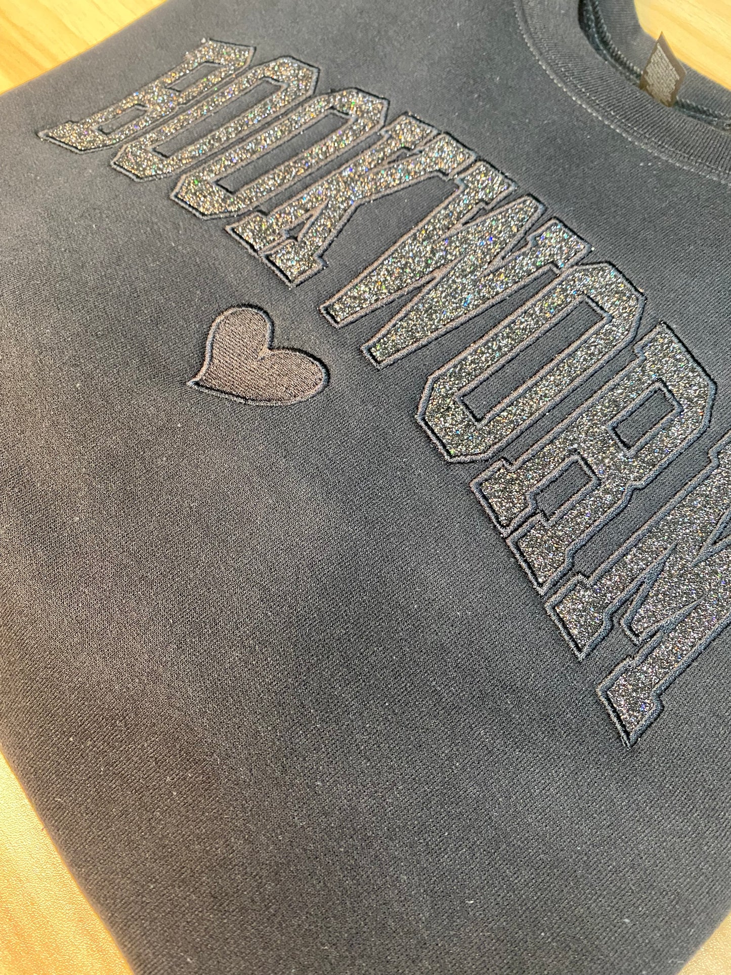 BOOKWORM Appliqué Glitter Crewneck Sweatshirt