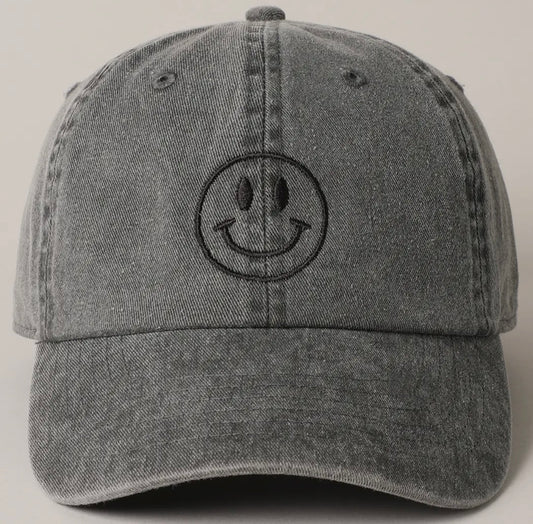 Black Wash- embroidered smiley hat
