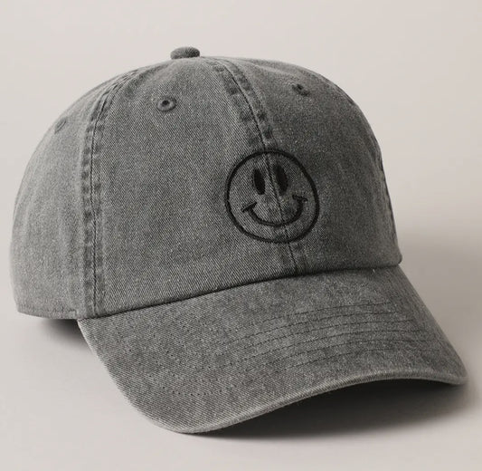 Black Wash- embroidered smiley hat