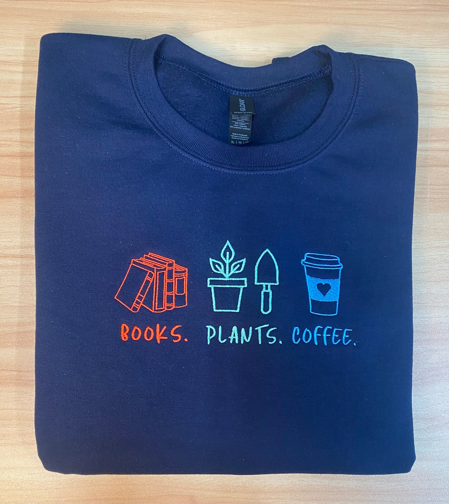 Books Plants Coffee- Embroidered Crew (navy)
